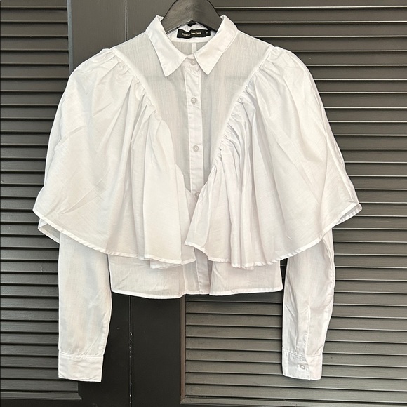 Khosi Nkosi African Elevated White Button Down Top with Ruffles, Size Small - Picture 2 of 16